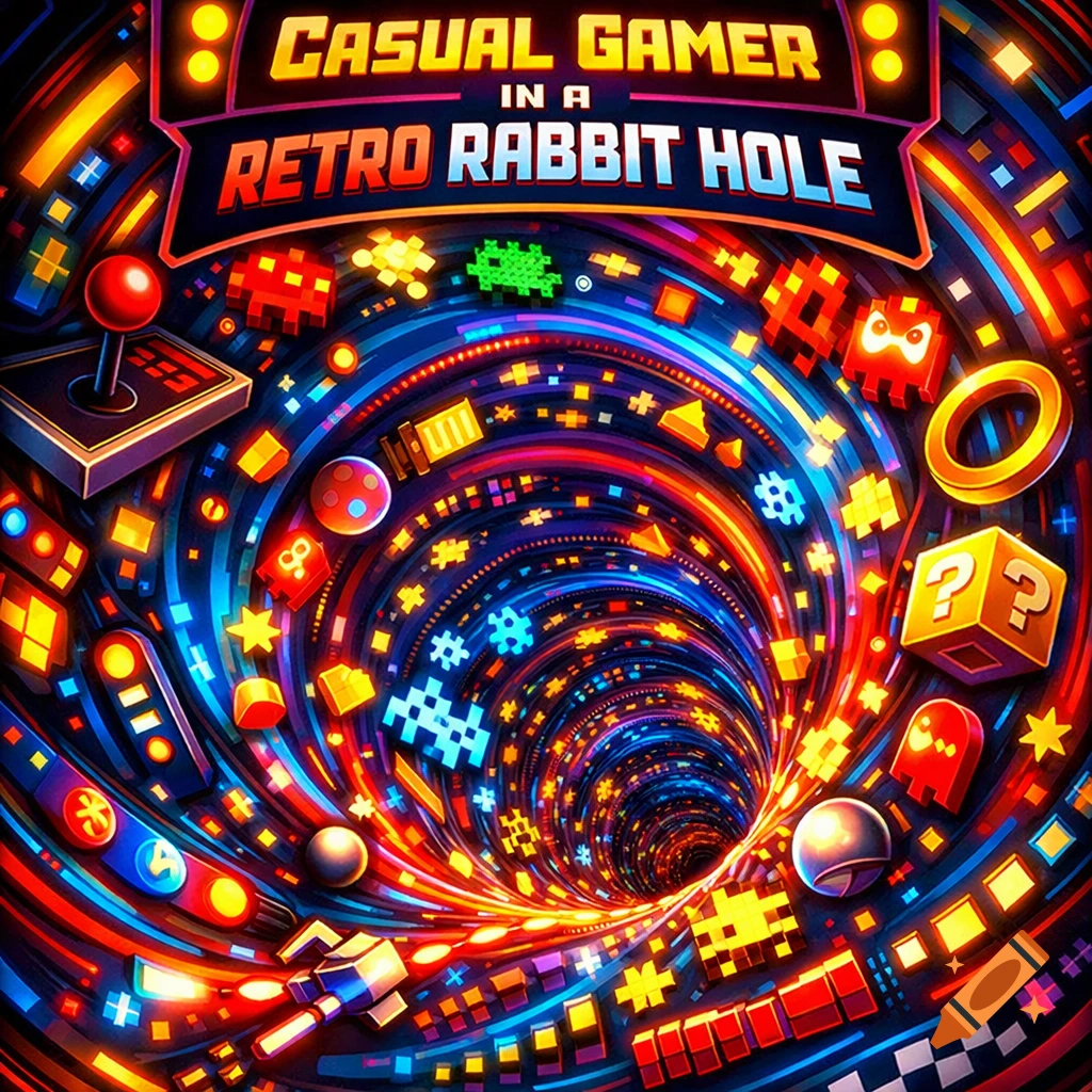 Vibrant retro video game cover with text 'CASUAL GAMER IN A RETRO RABBIT HOLE', featuring arcade elements spiraling into a tunnel.