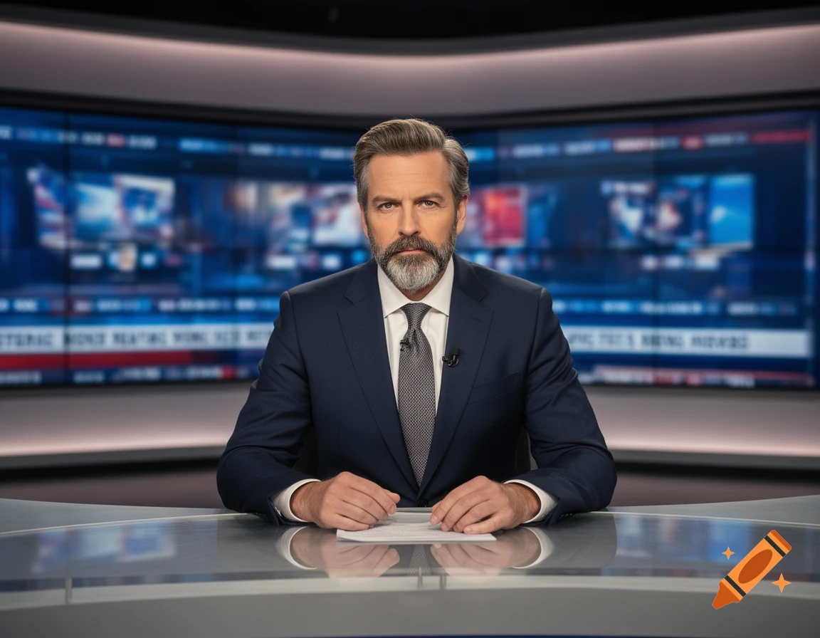 A serious male news anchor with a scruffy beard in a suit and tie sits at a desk in a news studio.