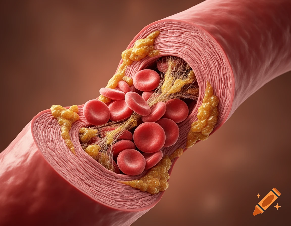 Detailed cross-section of a clogged blood vessel with red blood cells, fibrin, and plaque buildup.