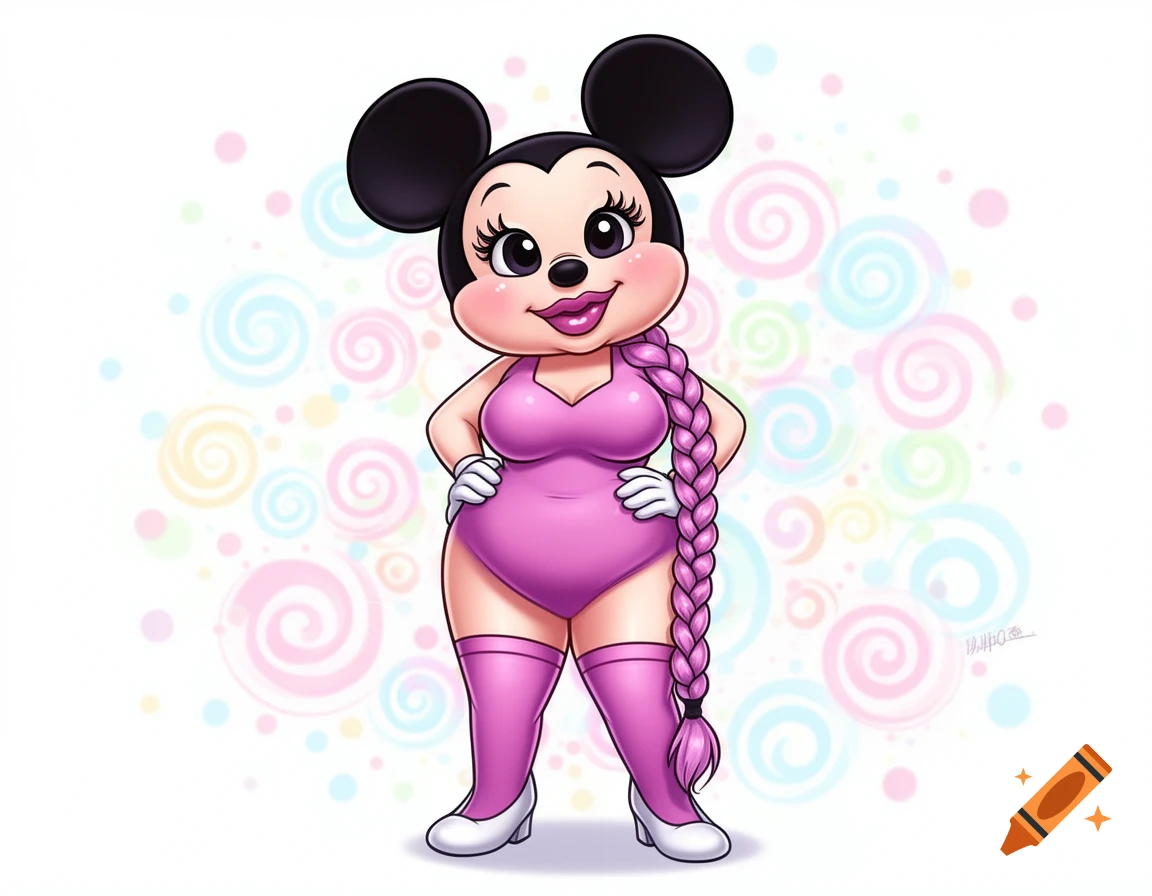 A stylized cartoon character resembling Minnie Mouse with exaggerated features, wearing a pink bodysuit, thigh-high boots, and a long pink braid, posing on a white background with colorful spirals.