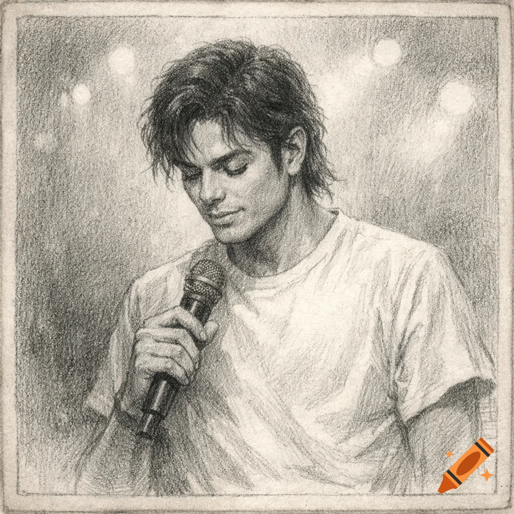 Pencil sketch of a young man with dark, messy hair, looking down as he holds a microphone with his right hand, against a textured background with soft lights.