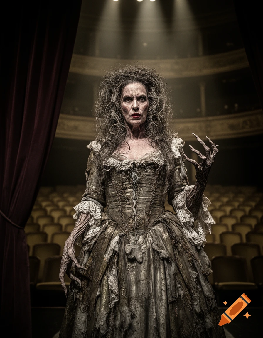 A gaunt, witch-like woman with wild hair and gnarled hands stands dramatically on a dark theater stage.