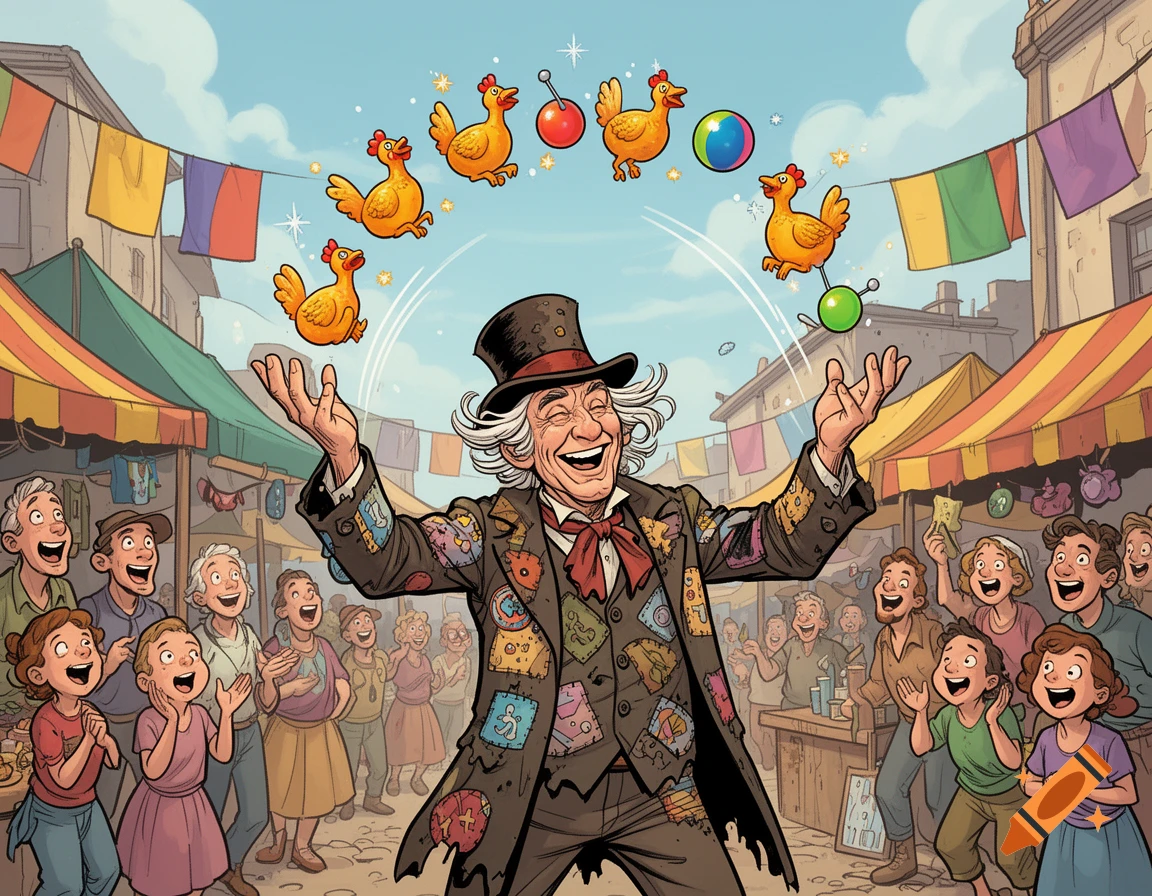 An old man in a patched coat juggles chickens and colorful balls for a cheering crowd at a lively outdoor market, in a comic style.
