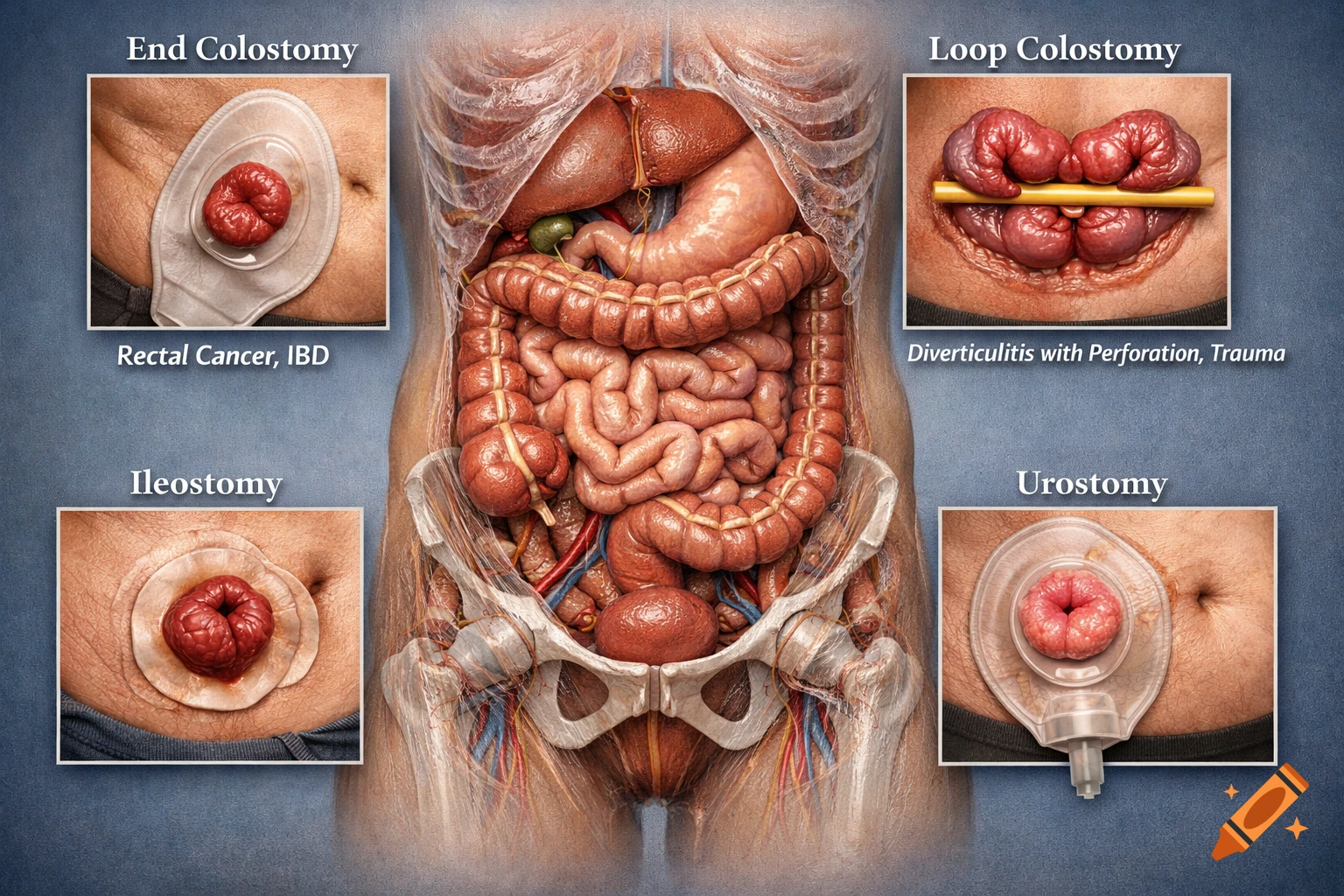 Detailed medical illustration of a human abdomen and pelvis with internal organs. Four insets show different stoma types: End Colostomy, Loop Colostomy, Ileostomy, and Urostomy, with corresponding medical indications.