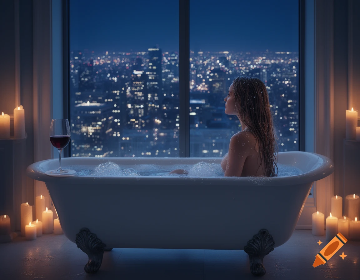 Woman in a candlelit bubble bath, looking out a window at a nighttime city skyline, with a glass of red wine. Photorealistic style.