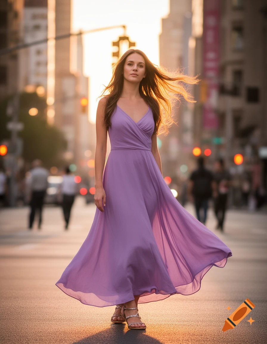 A woman in a flowing purple dress walks on a city street at sunset ...