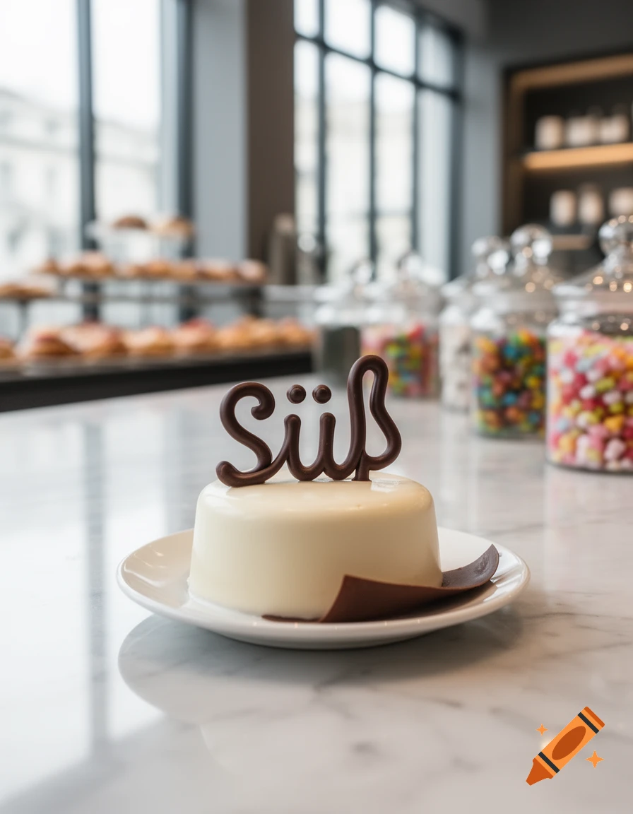 A small, elegant white cake topped with "Süß" in dark chocolate, on a white plate on a marble counter in a bakery.