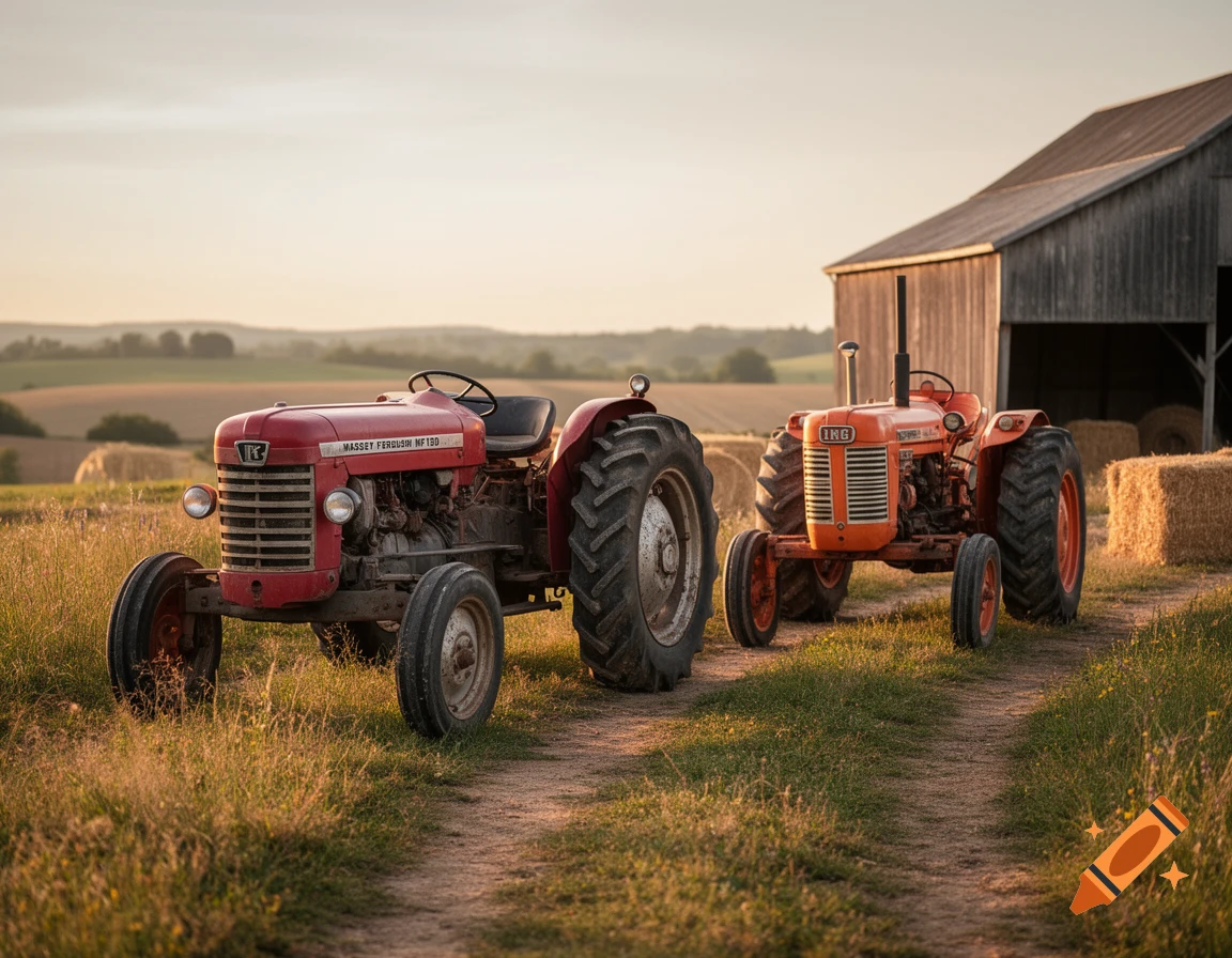 A red Massey Ferguson and an orange IHC tractor on a dirt path in a grassy field with a barn and hay bales at sunset, photorealistic.
