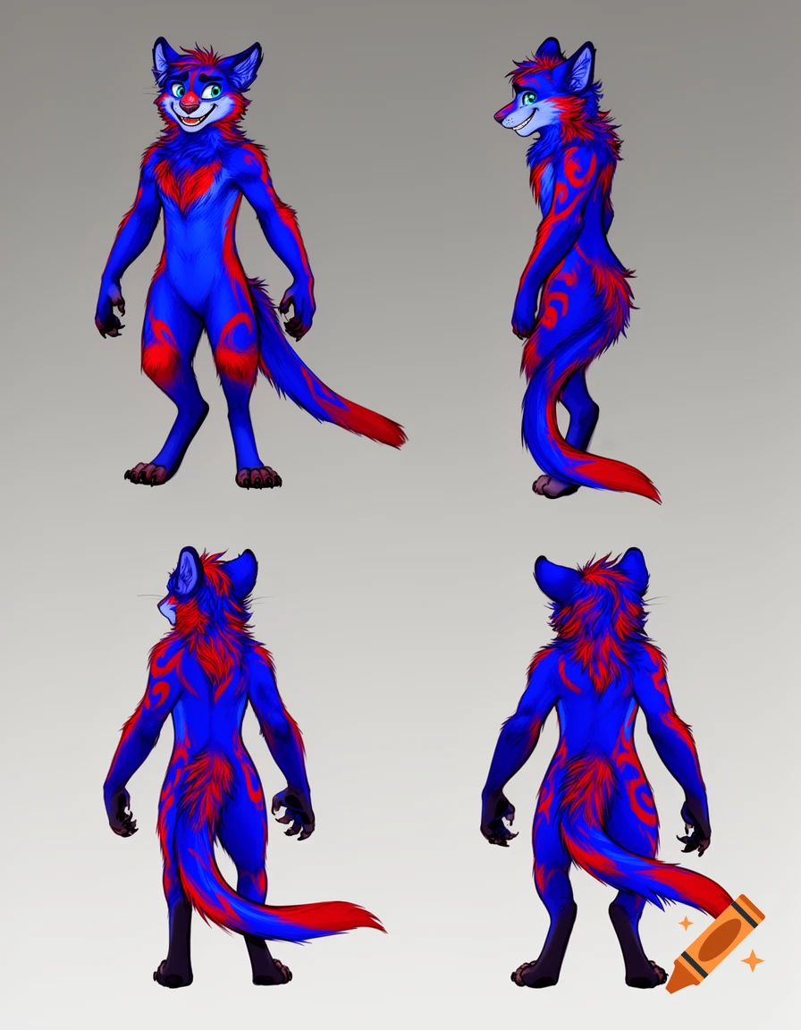 A blue and red furry character reference sheet showing front, side, and two back views of the creature.