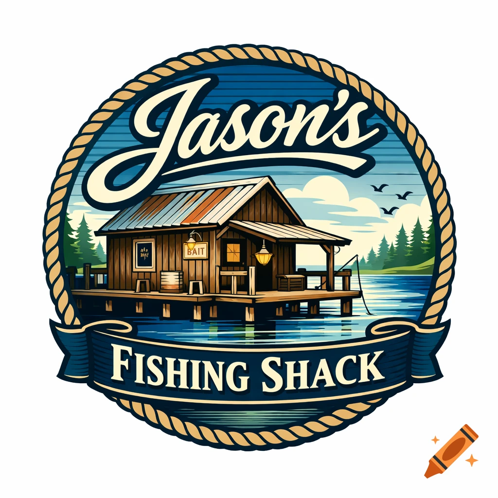 Vintage style logo featuring a fishing shack on a lake, surrounded by trees and mountains, with text "Jason's Fishing Shack"