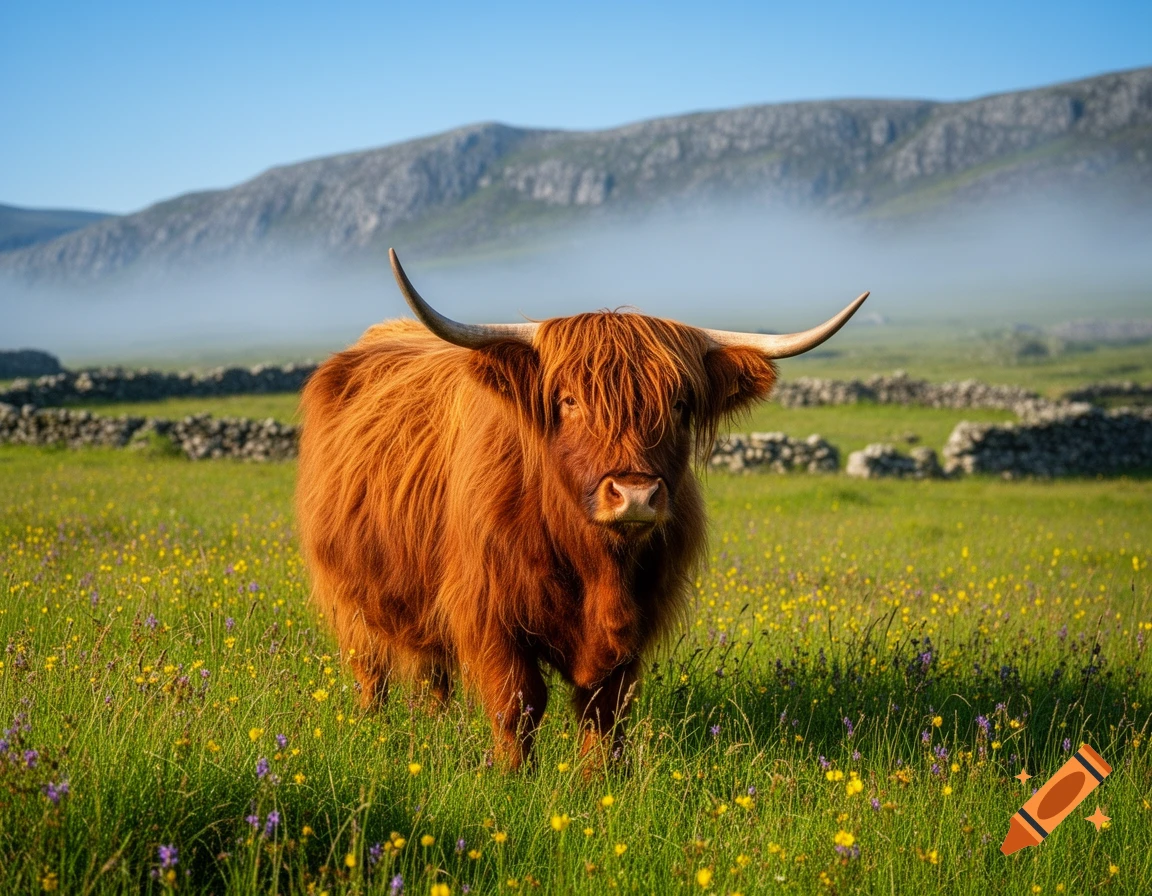 A majestic Highland cow with long reddish-brown fur and horns stands in a vibrant wildflower meadow against misty mountains.