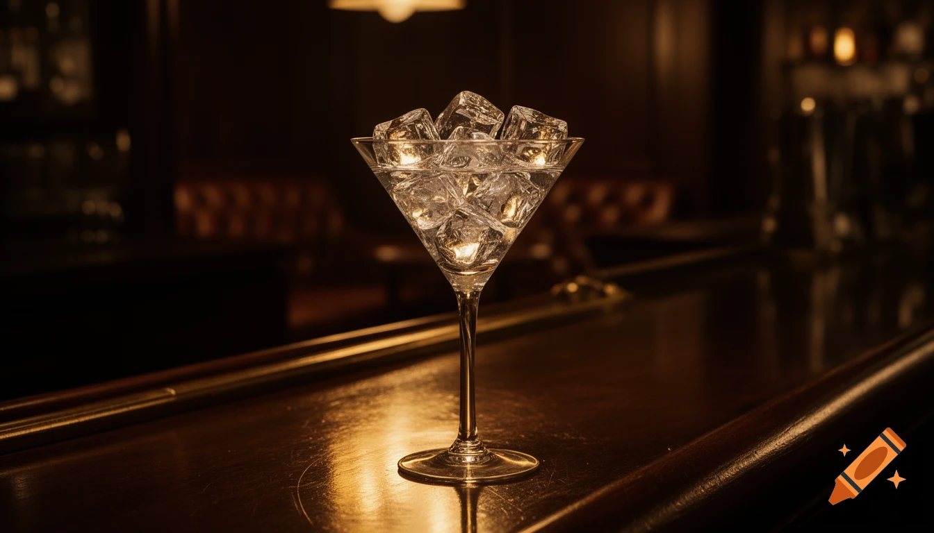 Photorealistic martini glass filled with ice on a dark, warm-lit bar counter.