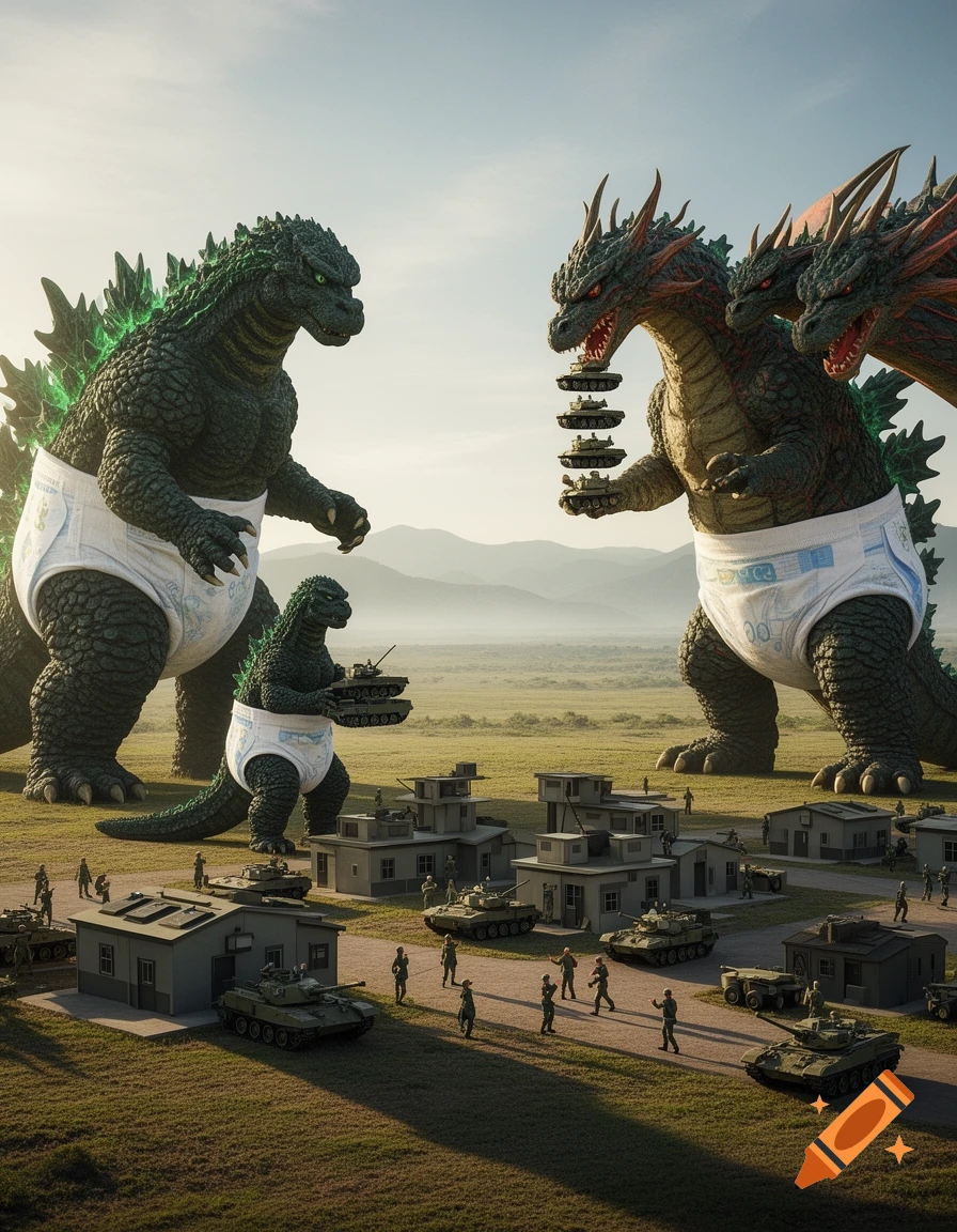 Giant Godzilla and King Ghidorah wearing diapers, playing with ...