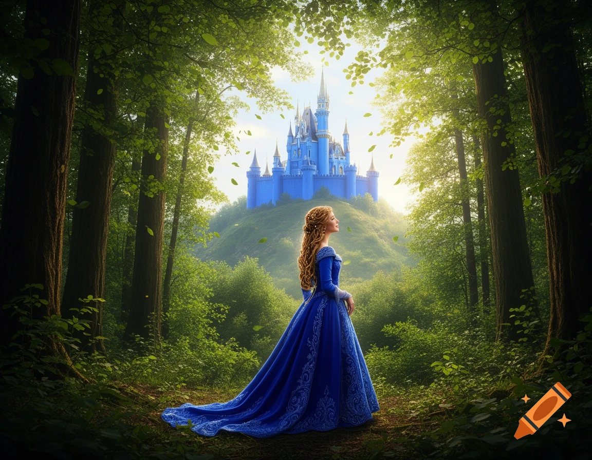A princess in a flowing blue gown looks towards a bright blue castle on a hill, surrounded by a lush, sunlit forest.