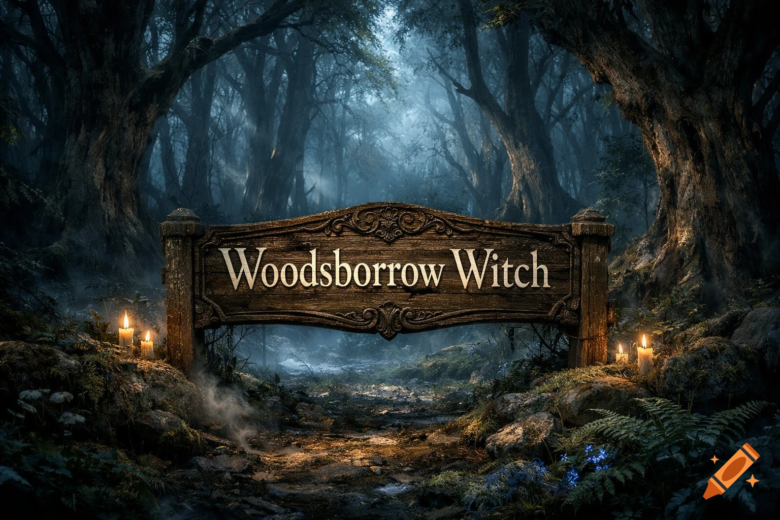 A rustic wooden sign reading 'Woodsborrow Witch' stands on a forest path, lit by candles, surrounded by dark, misty trees and moss.