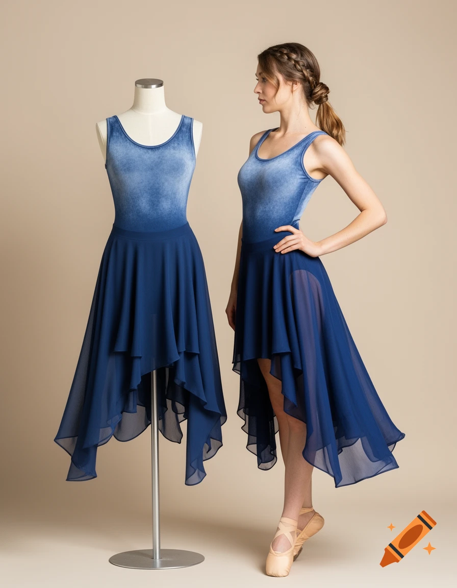 A woman and a mannequin modeling a faded blue leotard and a tiered navy chiffon ballet skirt. The woman wears nude ballet slippers.