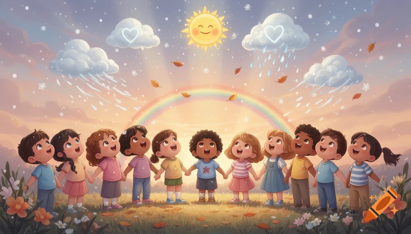 A diverse group of happy cartoon children holding hands, looking up at a sky with a smiling sun, clouds, rain, snow, and a rainbow.