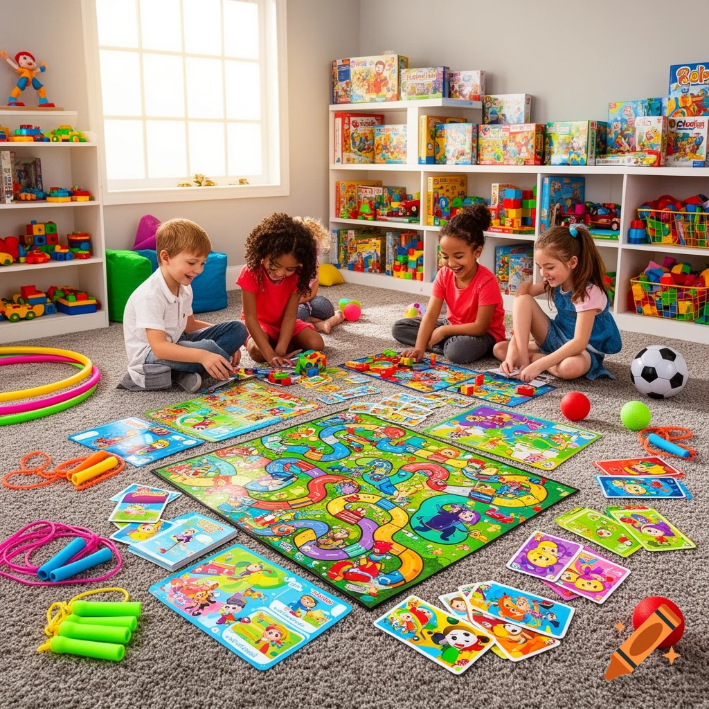 Four diverse children happily playing board games and with toys on a carpeted floor in a bright playroom filled with shelves of games.