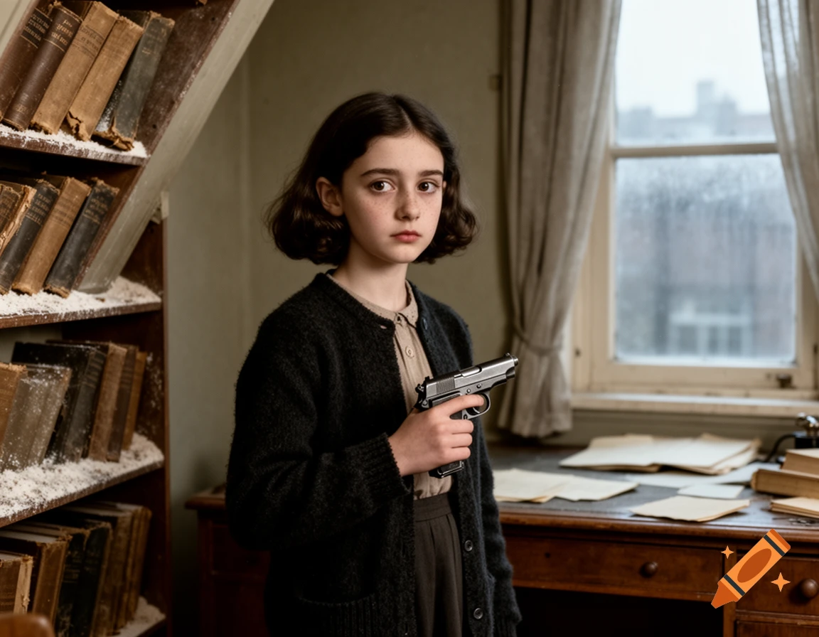 A serious young girl with dark hair and freckles holds a silver handgun, standing in an old room with bookshelves and a window.