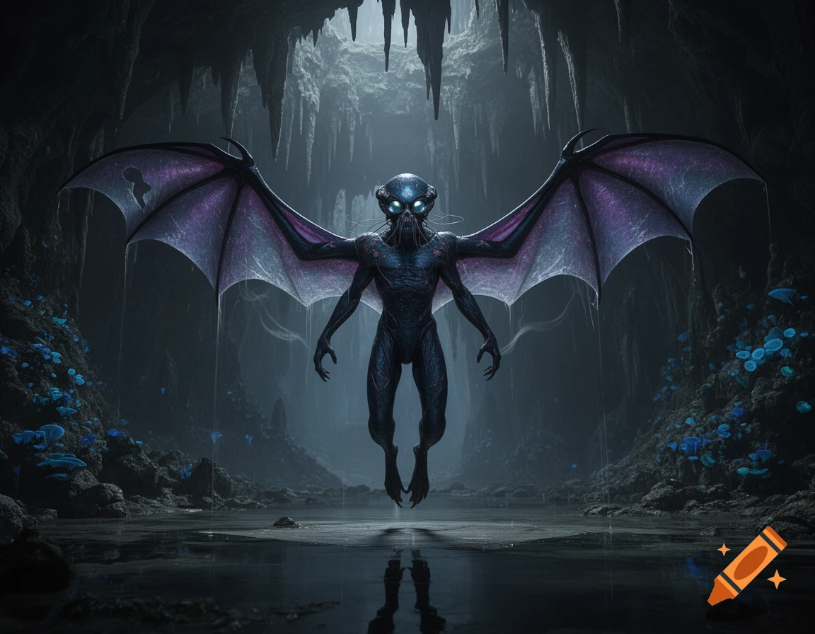 A dark alien creature with large purple bat wings and glowing eyes hovers in a moody cave with stalactites and glowing blue fungi.