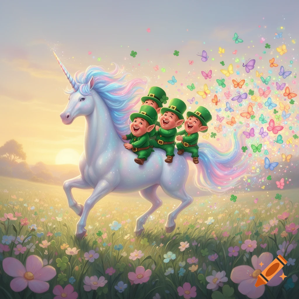 Three leprechauns ride a magical unicorn with a rainbow mane through a sunny, flower-filled meadow, with colorful butterflies trailing behind.