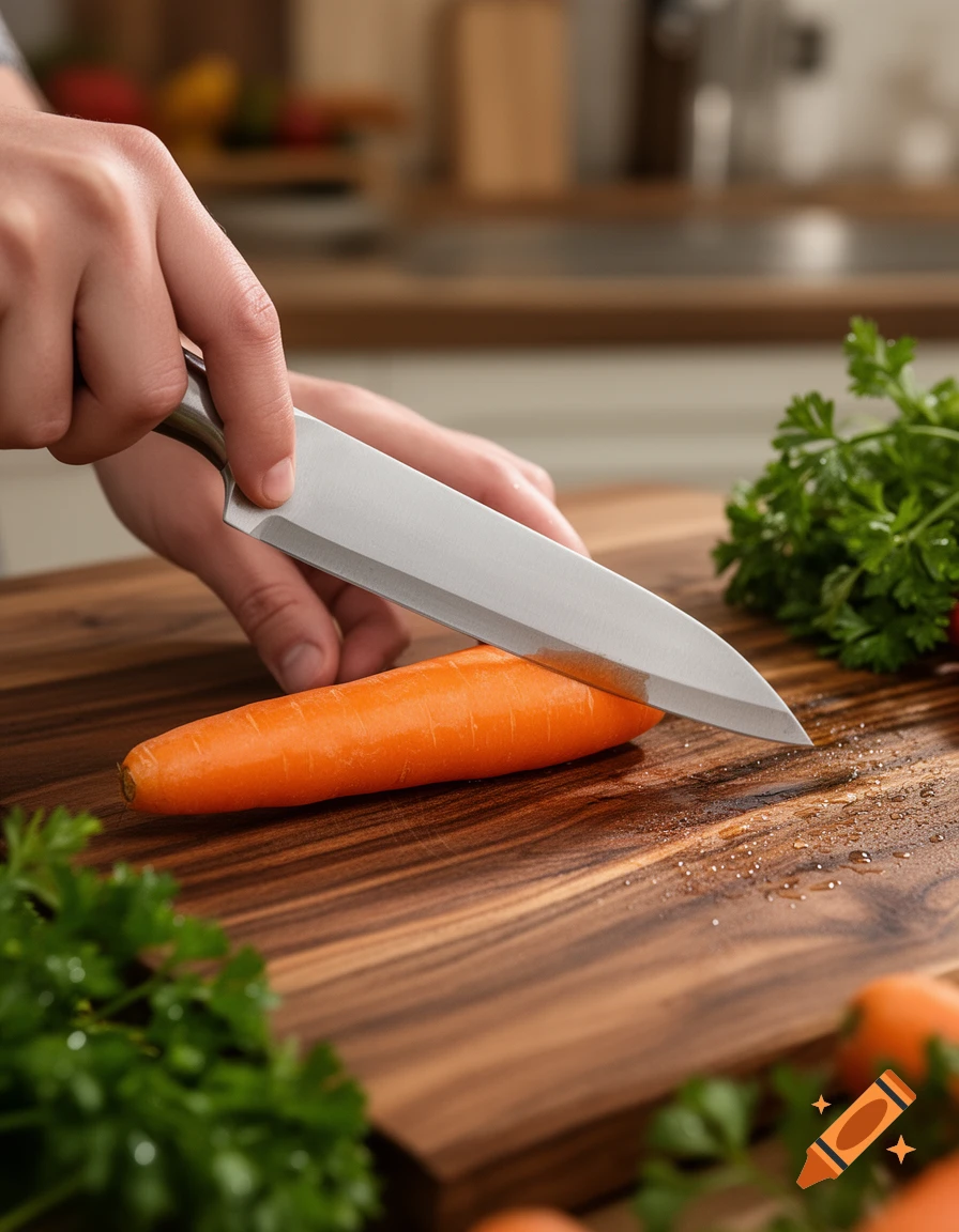 Close-up of hands slicing a carrot on a wooden cutting board in a kitchen.