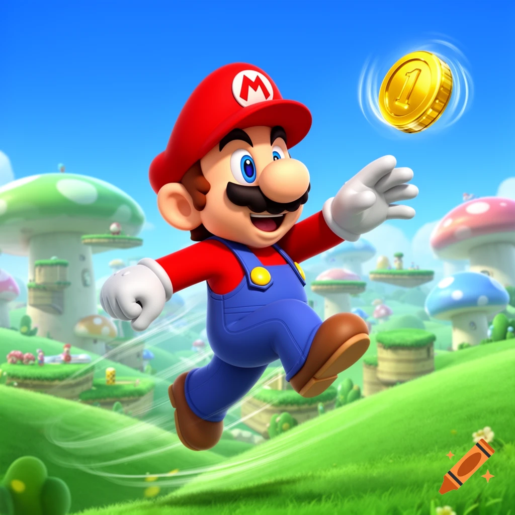 Mario in his iconic red hat and blue overalls jumps for a golden coin in a vibrant, mushroom-filled landscape, cartoon style.