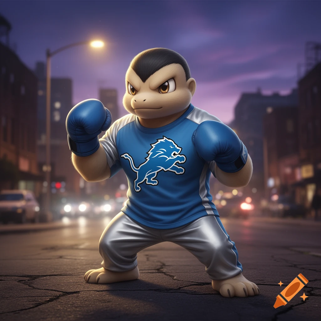 A stylized Hitmonchan character in a blue Detroit Lions t-shirt and boxing gloves poses on a city street at dusk.