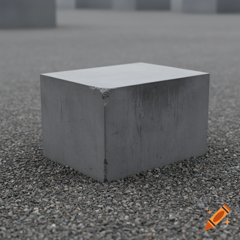 A photorealistic image of a single concrete block with a chipped corner resting on gravel, resembling the Berlin Holocaust Memorial stones.