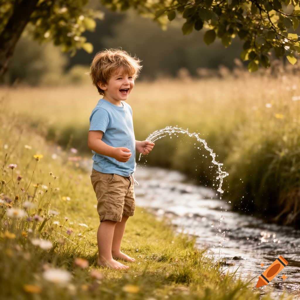 Happy young boy with blonde hair in a blue shirt and shorts, splashing water in a sunny, grassy field by a stream.