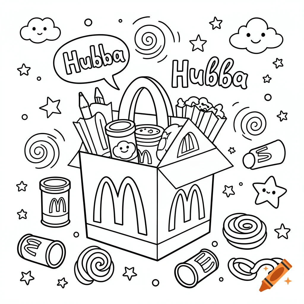 A black and white coloring page of a McDonald's Happy Meal box, food items, stars, and clouds, with "Hubba" text.