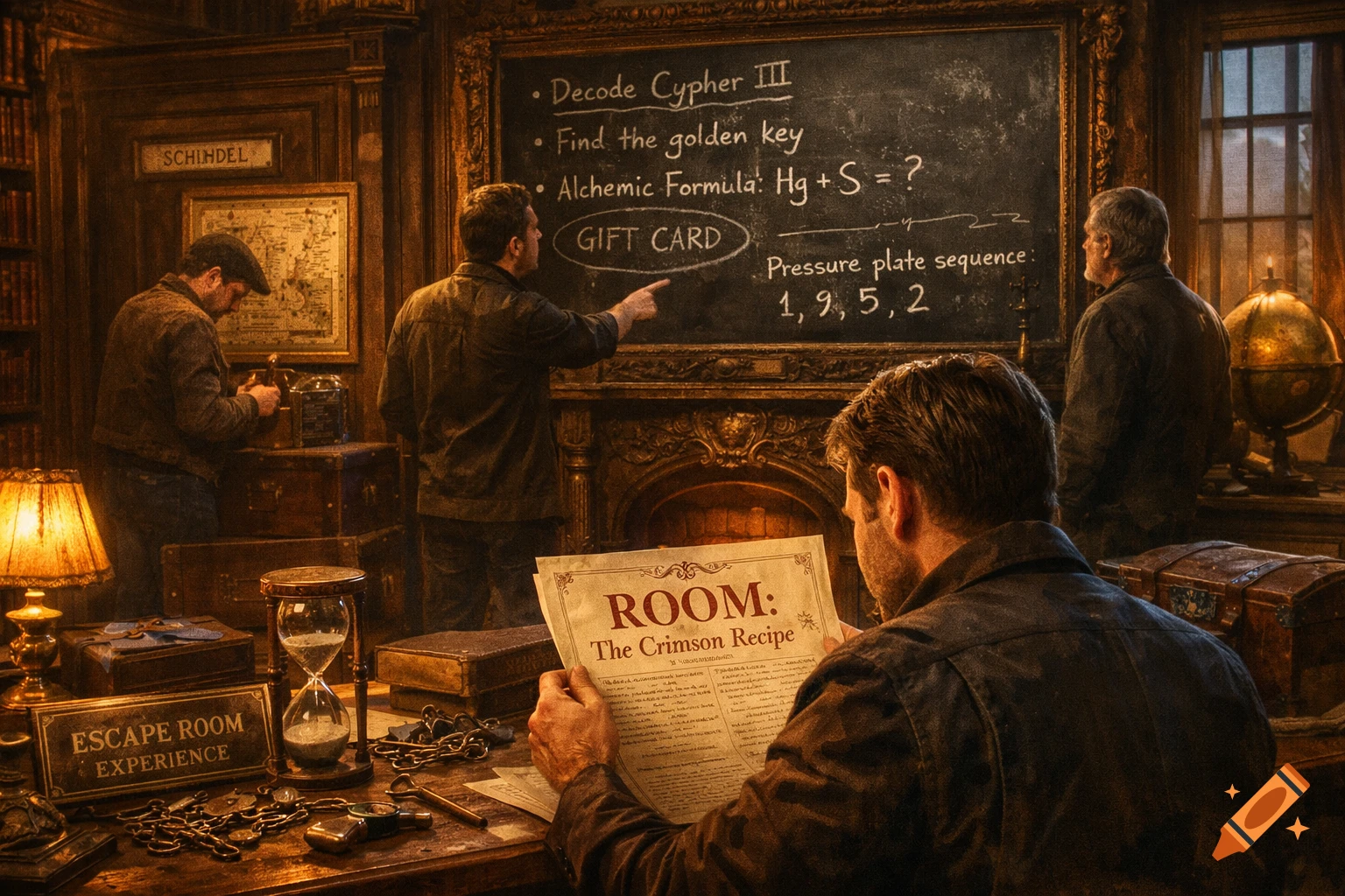 A photorealistic vintage escape room scene with four men solving puzzles in a cluttered library. One reads a document, another points to a blackboard, a third examines a box, and the fourth stands by a window.