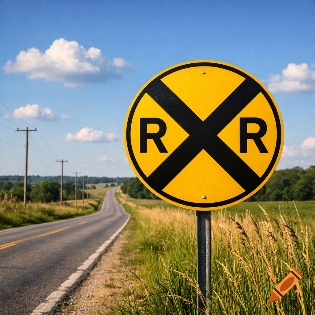 A clear photo of a yellow circular railroad crossing sign with black 'RR' letters by a long, empty road stretching into a rural landscape.