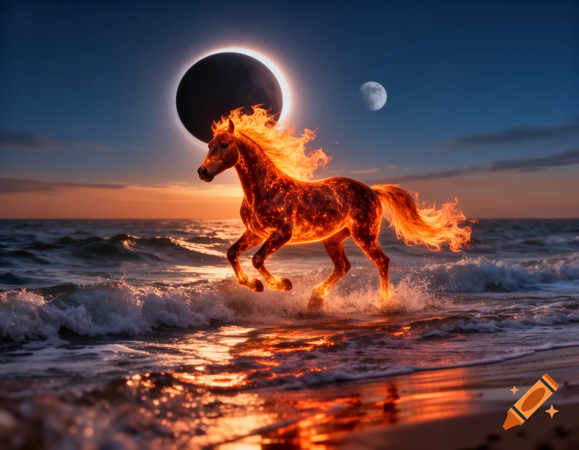 A majestic fiery horse gallops through ocean waves at sunset under a solar eclipse and a crescent moon.