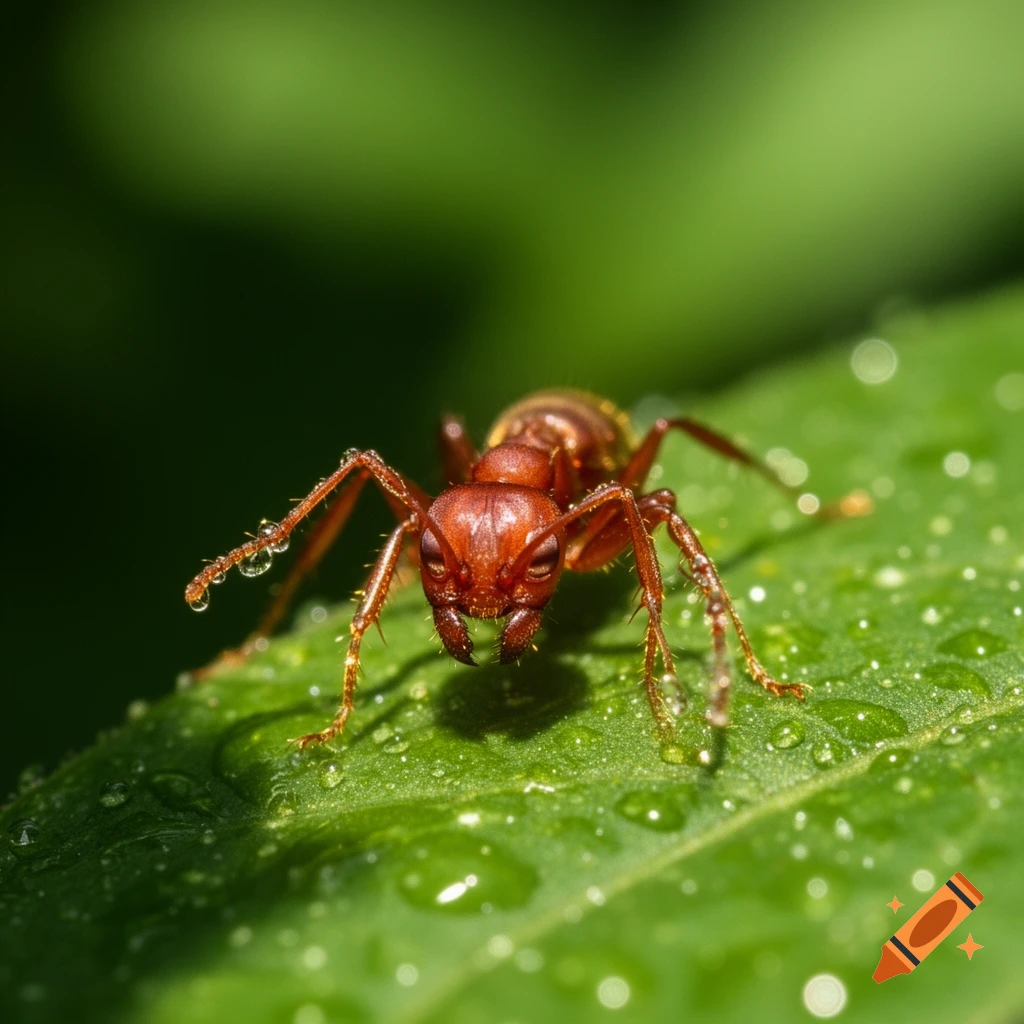 A photorealistic close-up of a red ant on a wet green leaf with numerous water droplets.