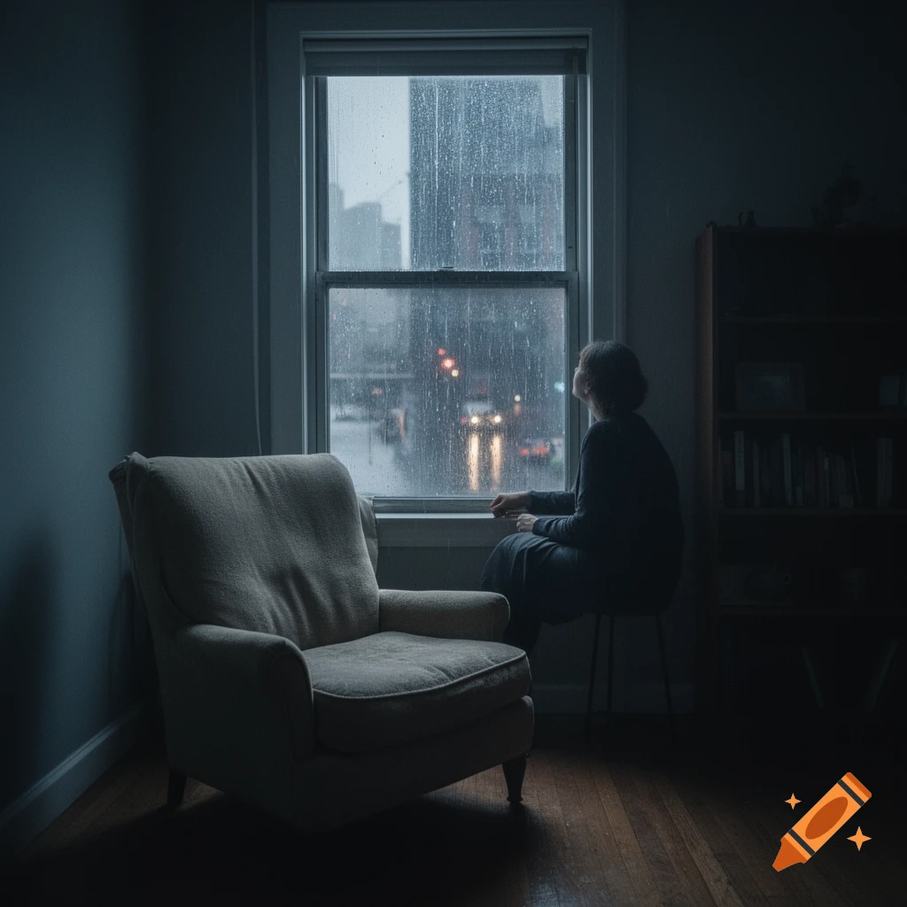 A woman sits by a window, looking out at a rainy city street from a dimly lit room with an armchair.