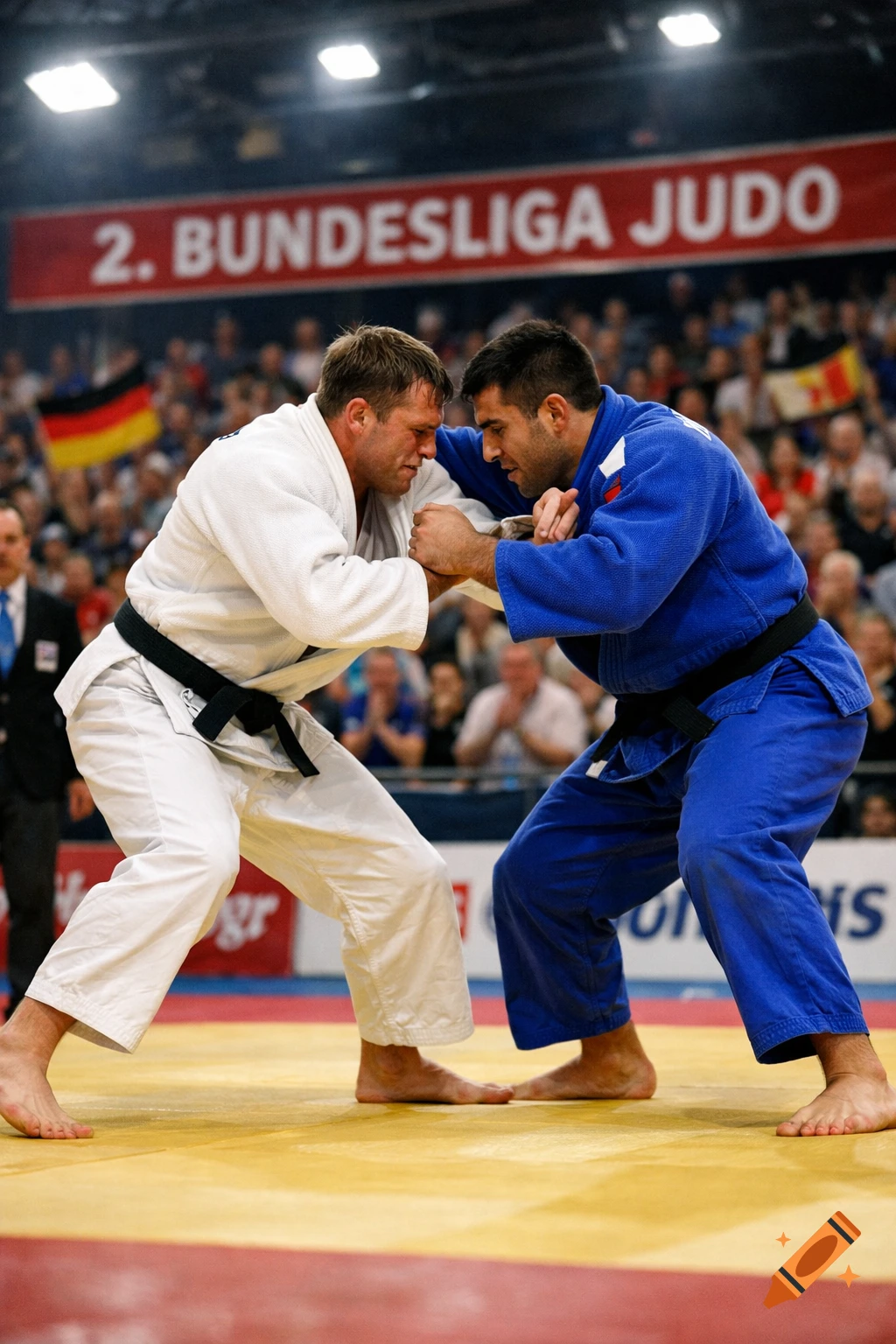 Two male judo athletes, one in white and one in blue, face off on a yellow mat during a competition.