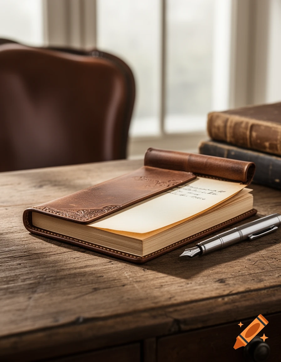 A leather-bound notebook with an open page and a silver fountain pen rests on a wooden desk next to old books.