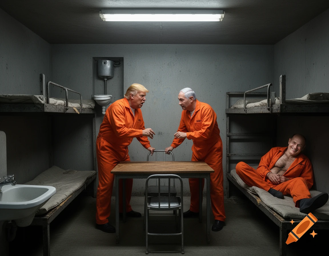 Photorealistic image of men resembling Trump, Putin, and Netanyahu in an austere prison cell. Trump and Putin argue at a table, while Netanyahu grins on a bunk bed with his jumpsuit open, revealing his chest.