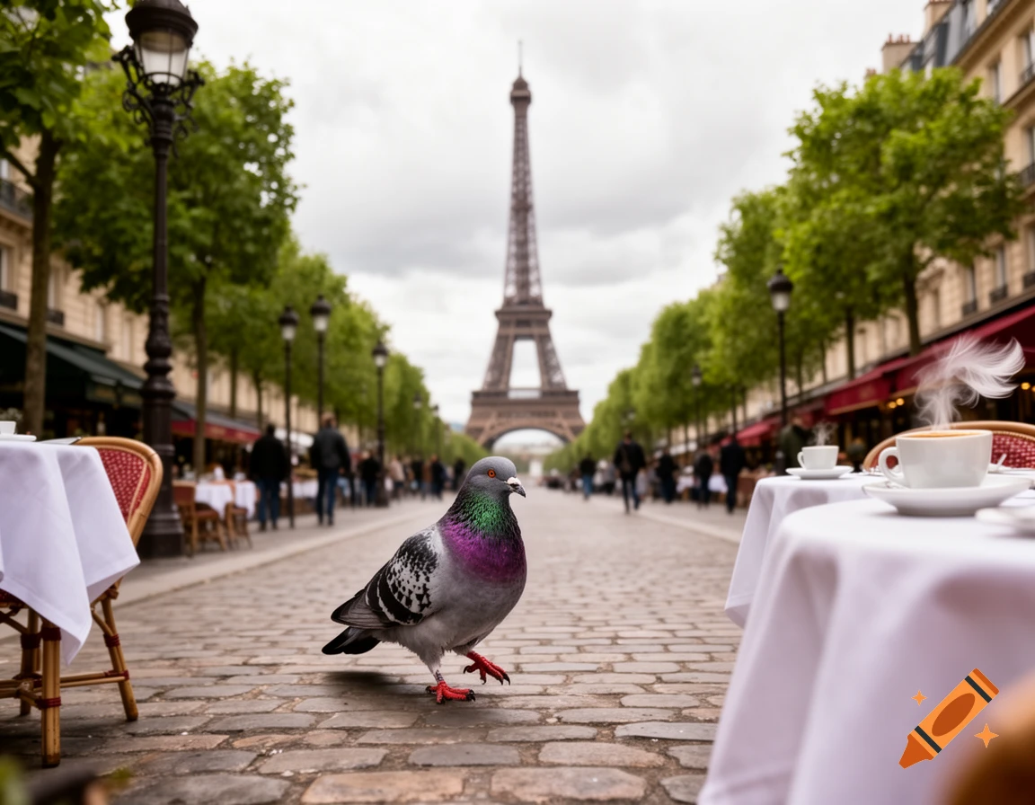 A photorealistic pigeon walks on a Paris cobblestone street with outdoor cafes and the Eiffel Tower in the background.