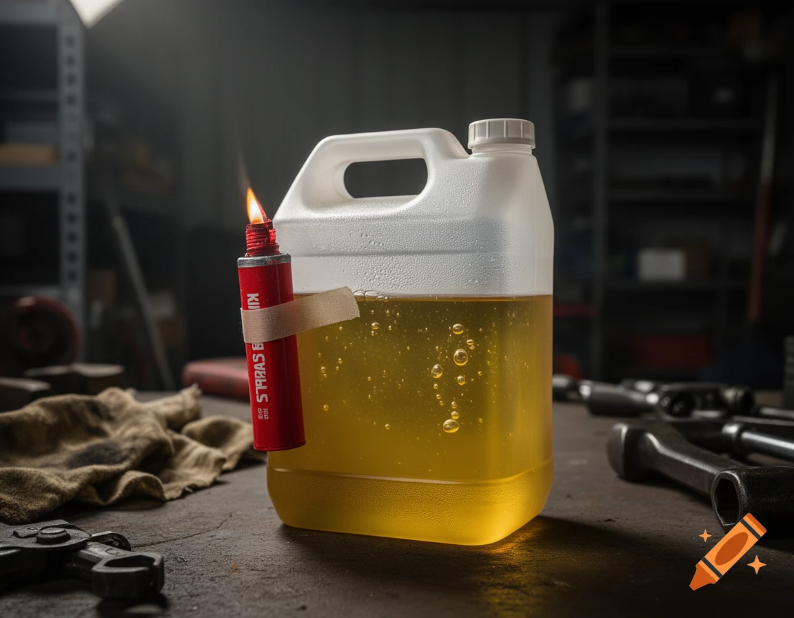 A lit red road flare is taped to a clear plastic gas can with yellow liquid, on a workbench with tools in a dimly lit garage.