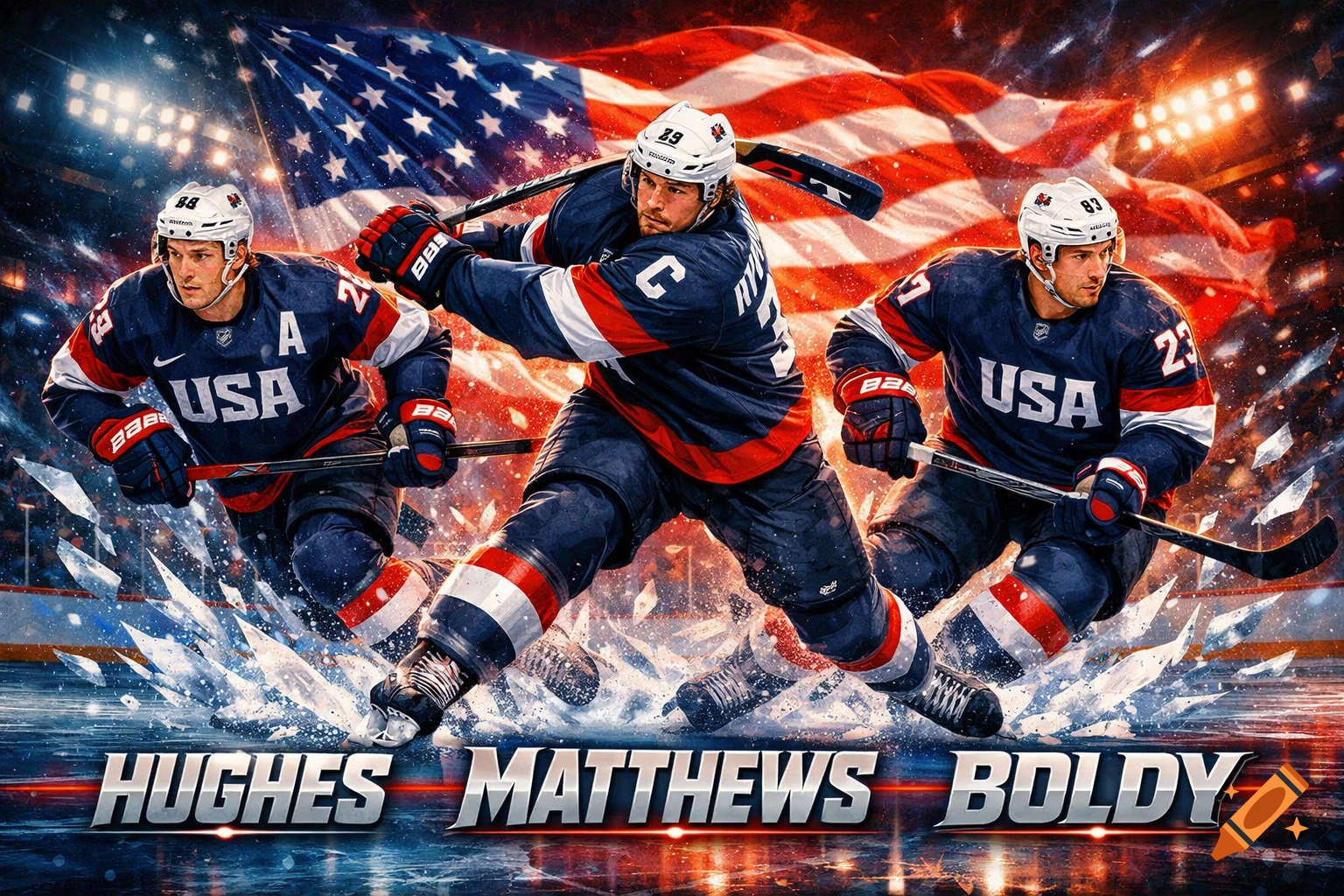 Three Team USA hockey players skate aggressively on ice with an American flag waving behind them. Player names 'HUGHES', 'MATTHEWS', 'BOLDY' are emblazoned below.