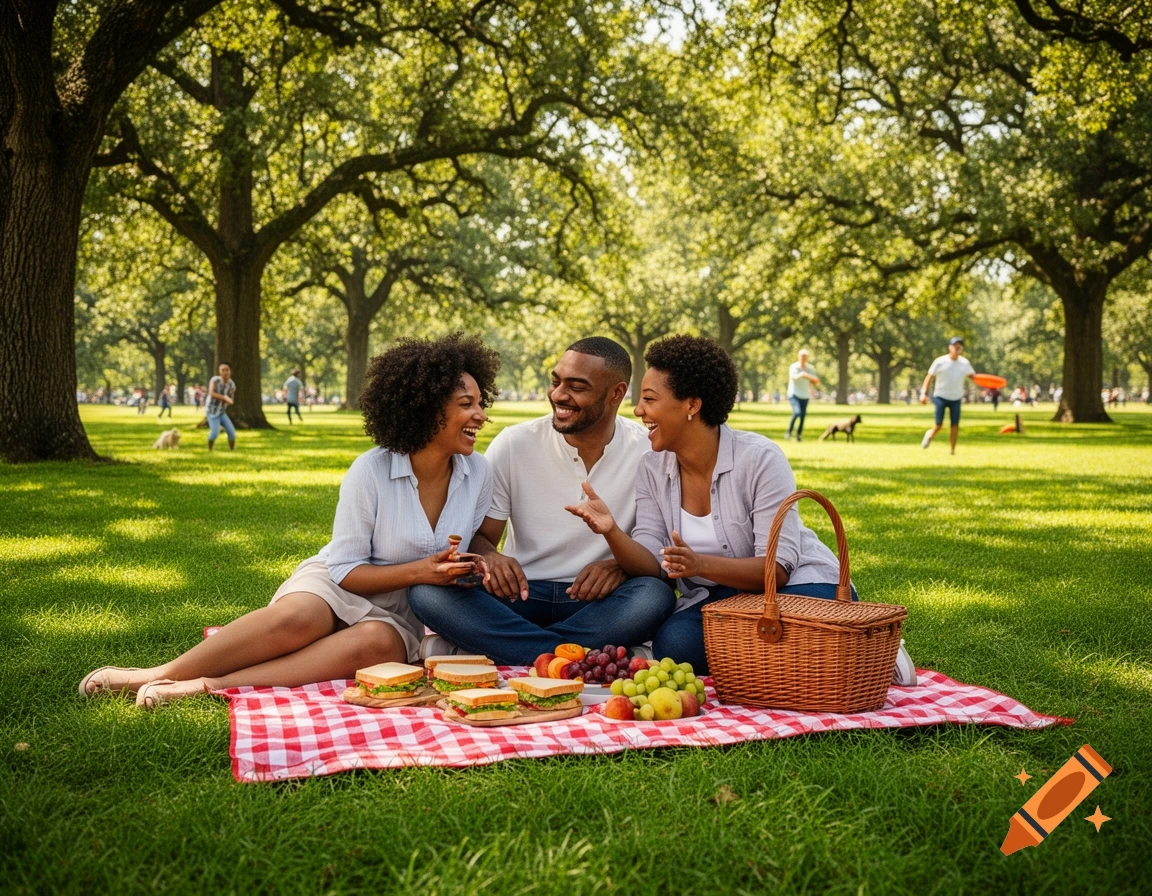 Three smiling people picnic on a red and white blanket in a sunny park with green grass and large trees.