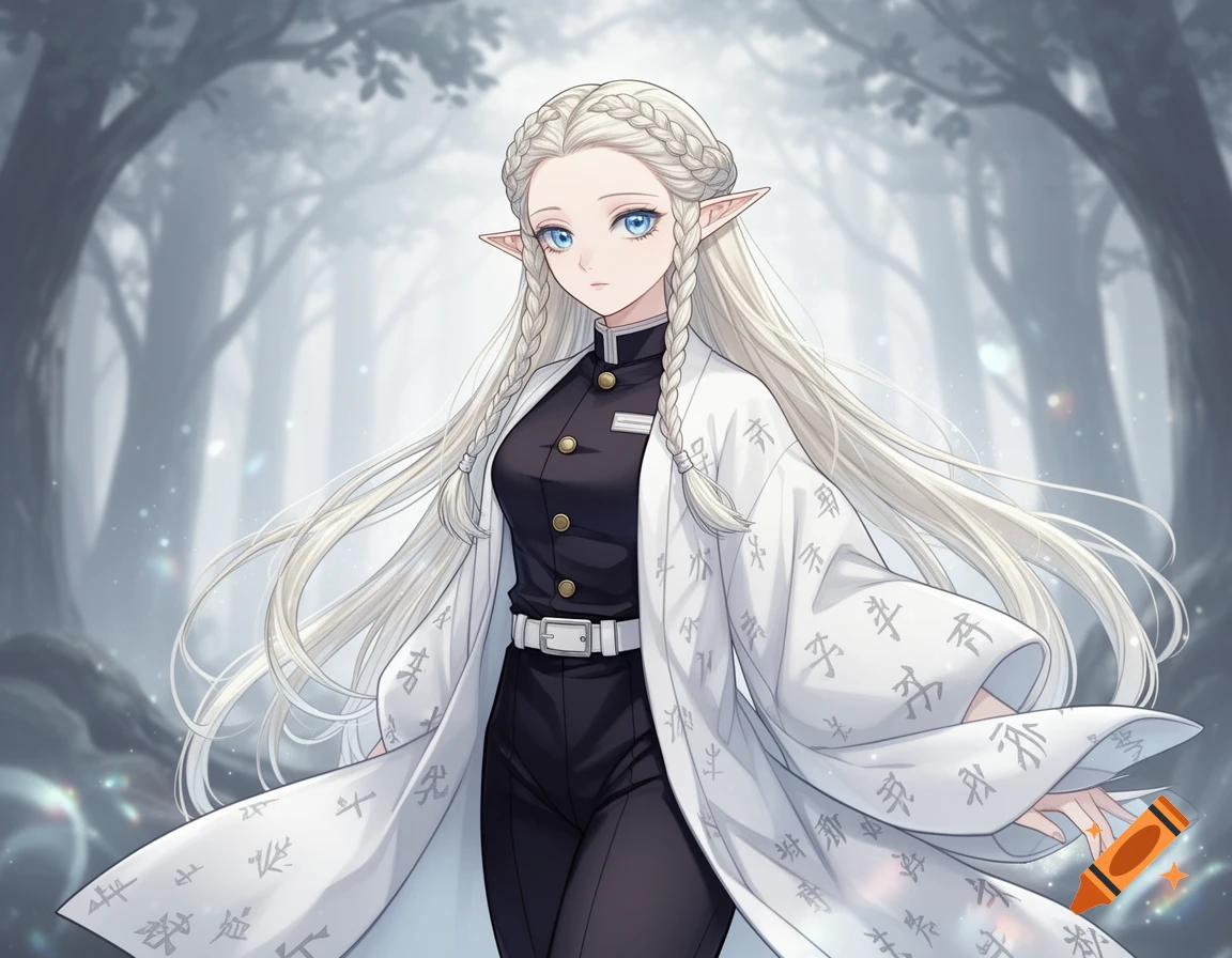 An anime elf girl with long pale blonde hair and blue eyes, wearing a ...