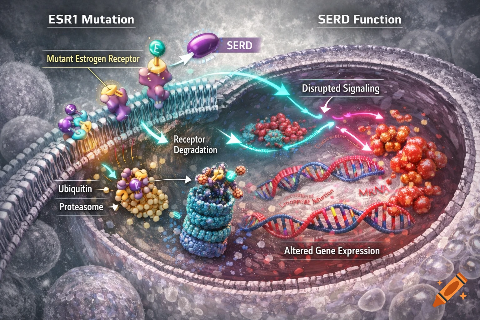 Detailed scientific diagram of SERD function in ESR1 mutation, showing molecular interactions, receptor degradation, and altered gene expression.