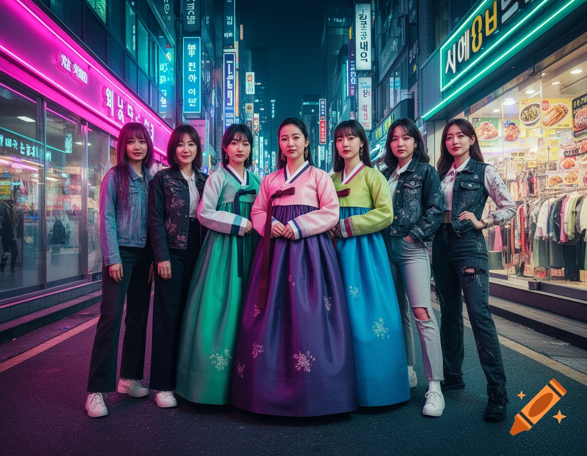 Six Korean women, three in colorful traditional hanbok and three in modern denim outfits, stand on a neon-lit city street at night.