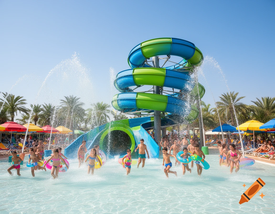 Many children splash and play in a sunny waterpark pool with colorful blue and green water slides and palm trees.