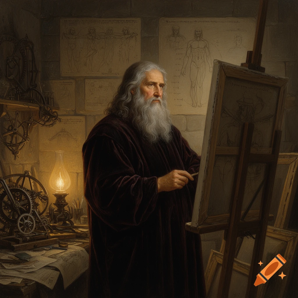 A classical portrait of Leonardo da Vinci, with a long white beard, wearing a dark robe, painting at an easel in a dimly lit studio filled with diagrams and inventions.
