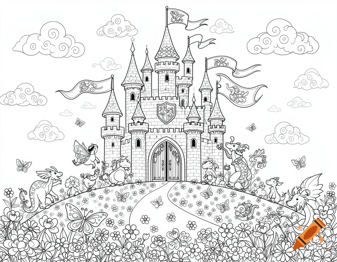 A black and white coloring page of a fairytale castle with dragons, butterflies, and flowers on a hill.