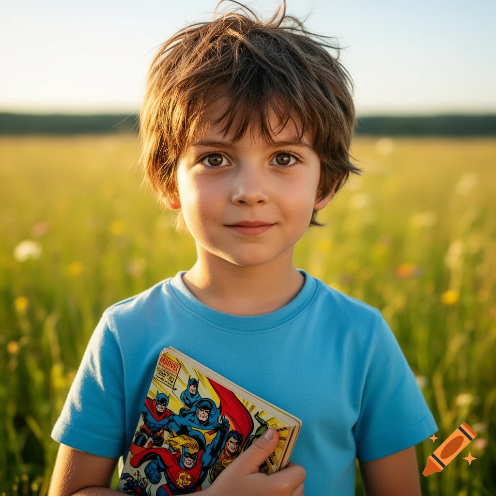 A photorealistic image of a young boy with messy brown hair holding a comic book in a sunny green field.
